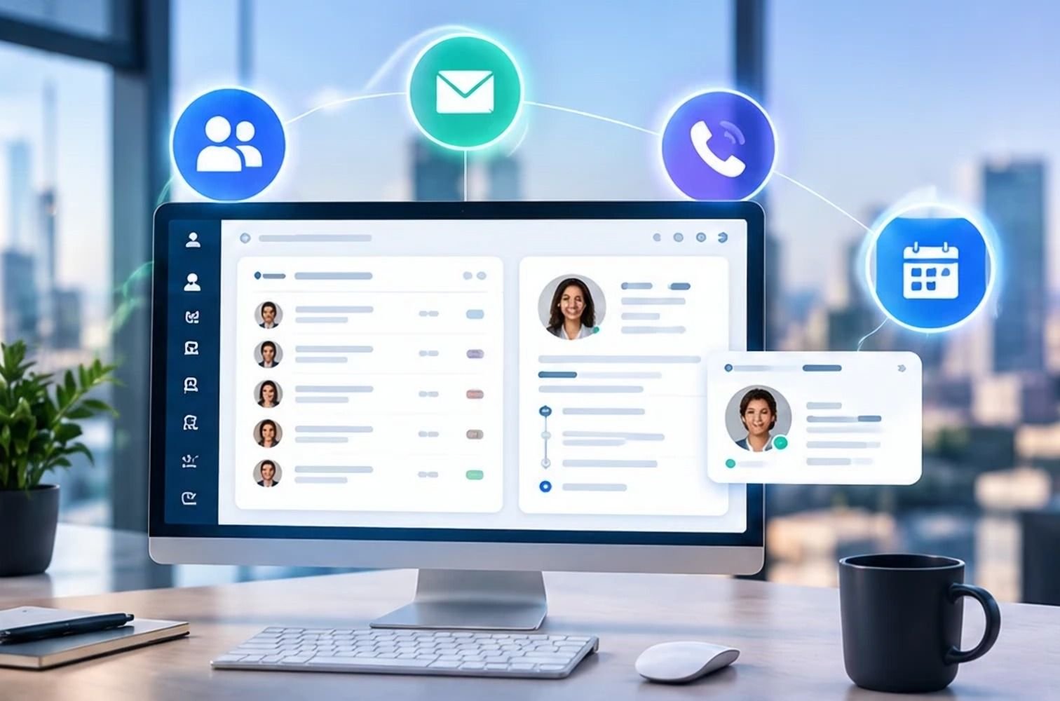 Illustration: CRM am Bildschirm mit Kontakten, E-Mails, Anrufen und Terminen an einem Ort