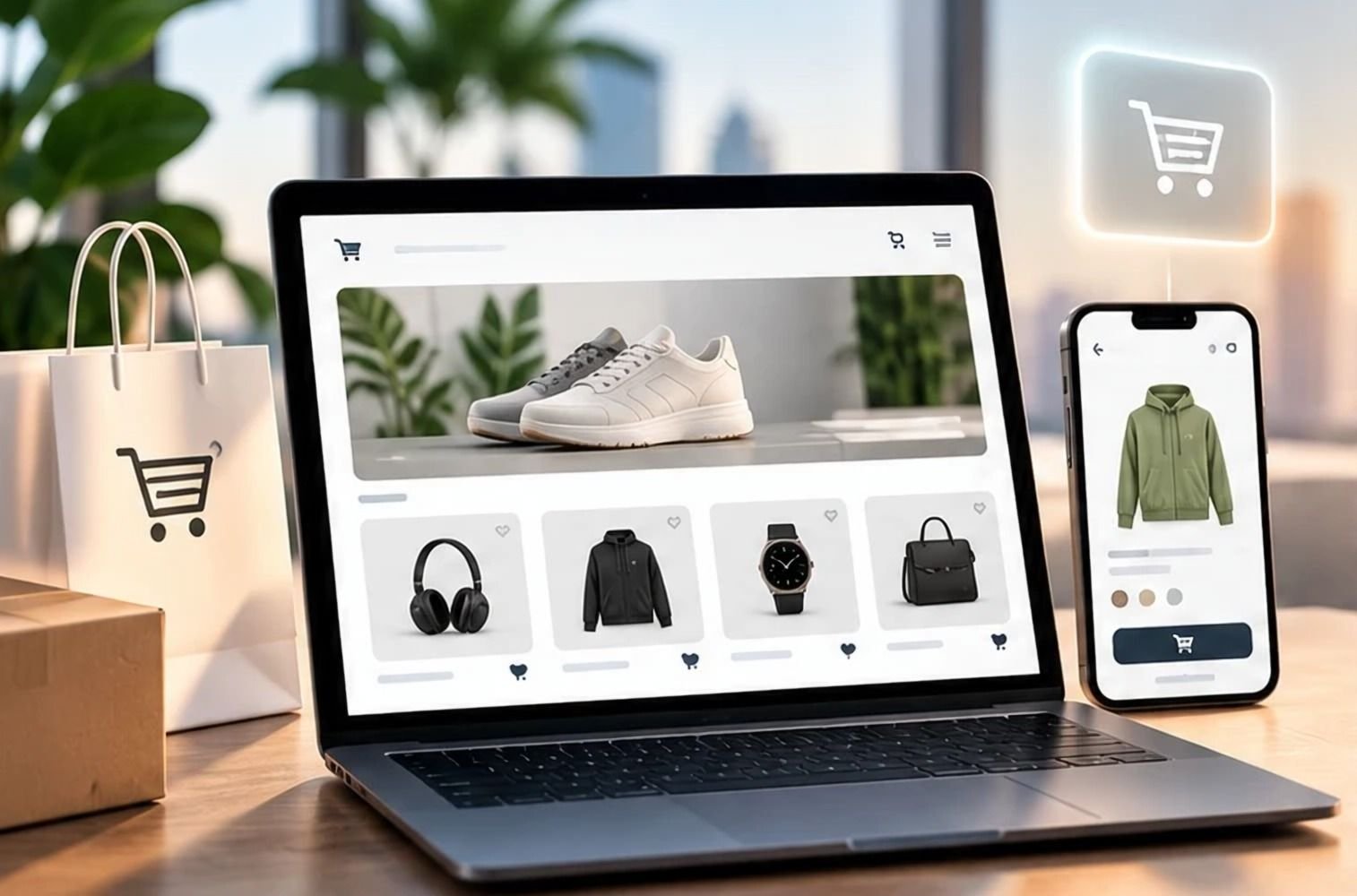 Illustration: Online-Shop auf Laptop und Handy mit Warenkorb und Einkaufstasche