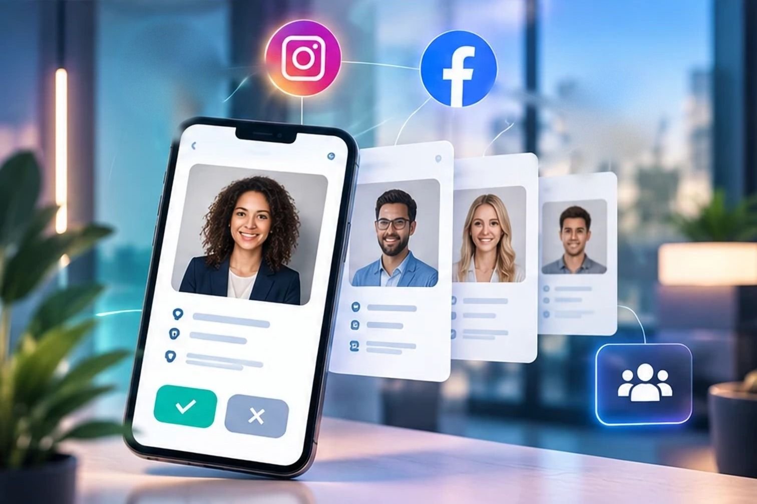 Illustration: Bewerberprofile auf dem Handy, gewonnen über Instagram und Facebook