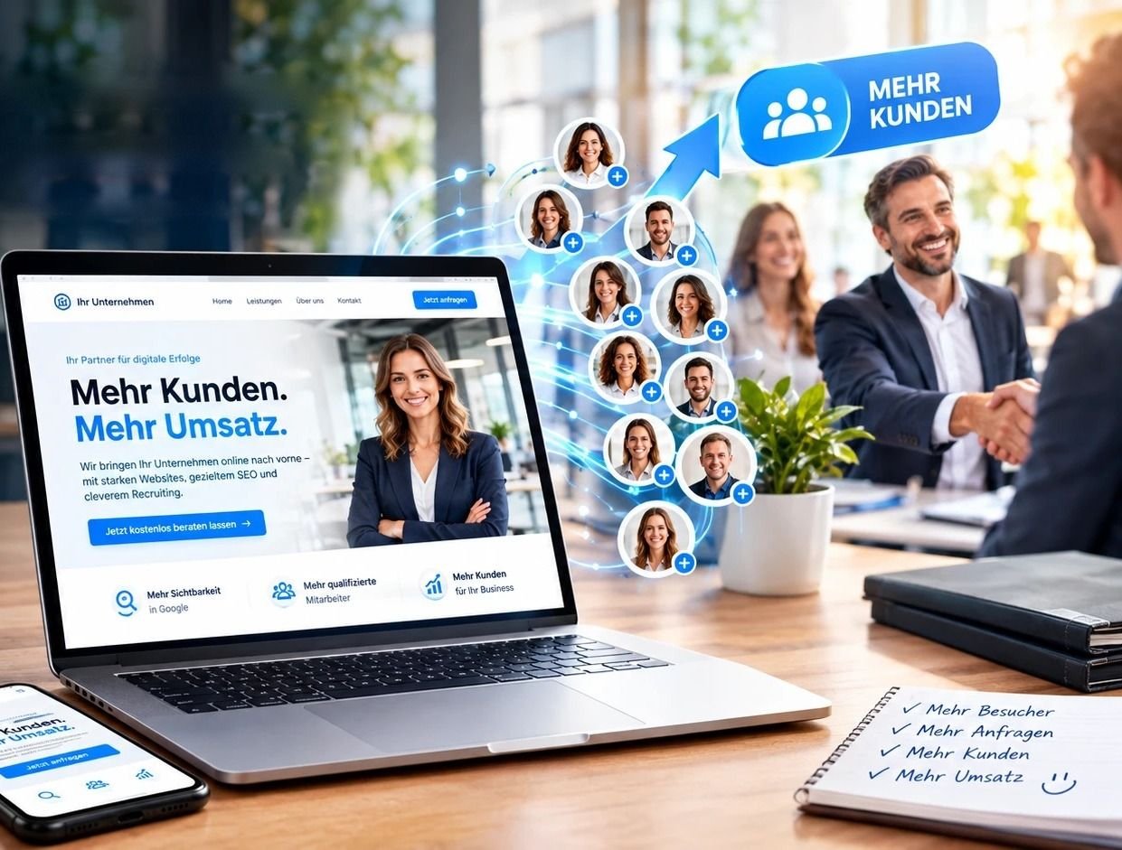 Illustration: Professionelle Website auf dem Laptop, über die neue Kunden Kontakt aufnehmen